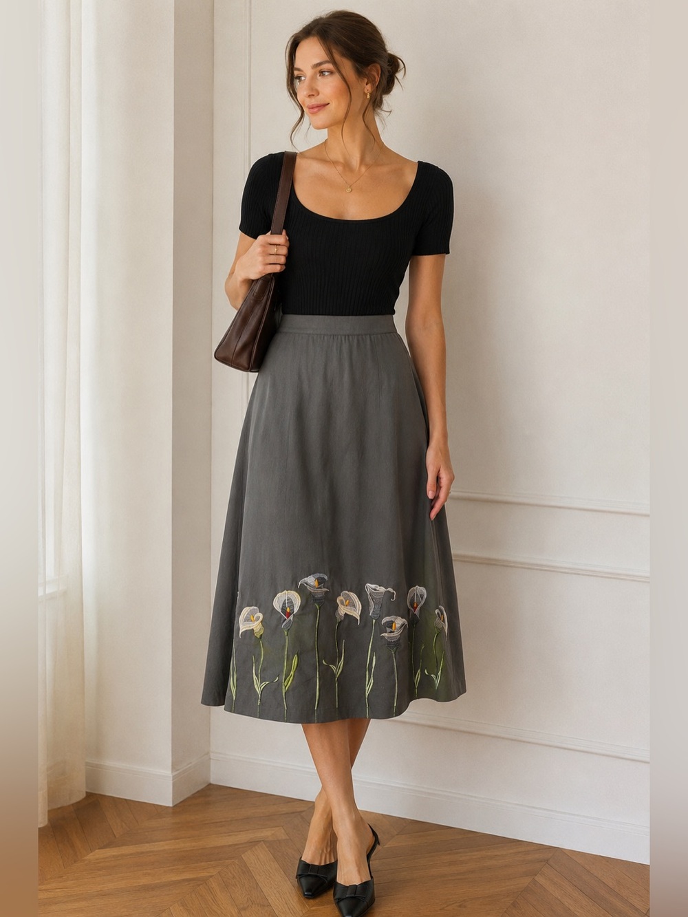 Nicola Quilter Super Calla Gray Midi Skirt Embroidered Flowers 8 - 10 US
